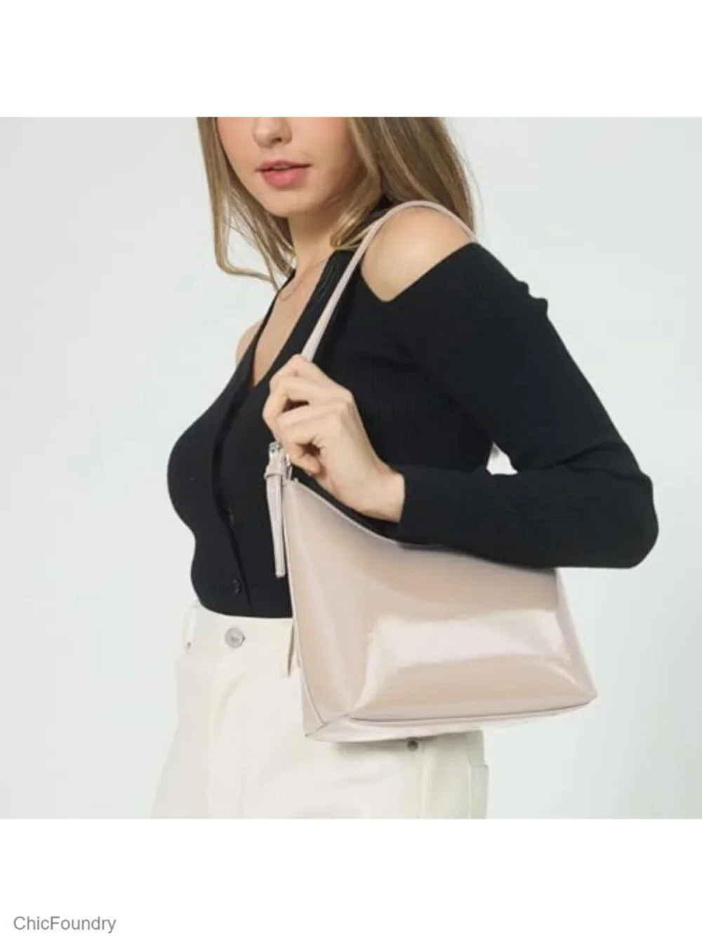 Faux Patent Leather Shoulder Bag Y2K Shiny Women Purse Silver Hardware Zipper